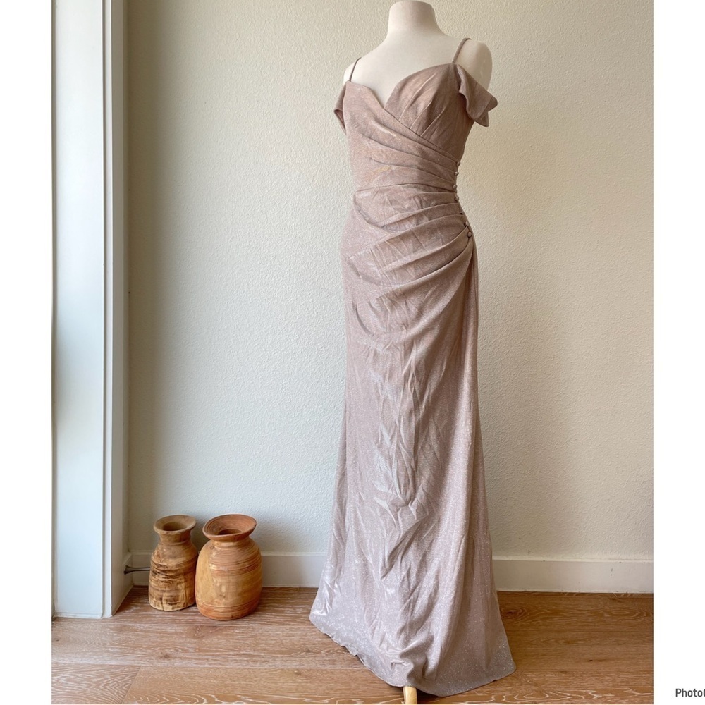 Oleg Cassini Off the Shoulder Metallic Sheath Gown Beige Size 8